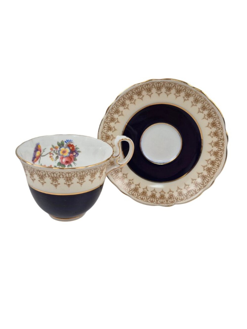 Aynsley Tea Cup Saucer Set Cobalt Blue Floral Bone China England Vintage 3 oz - Picture 9 of 10